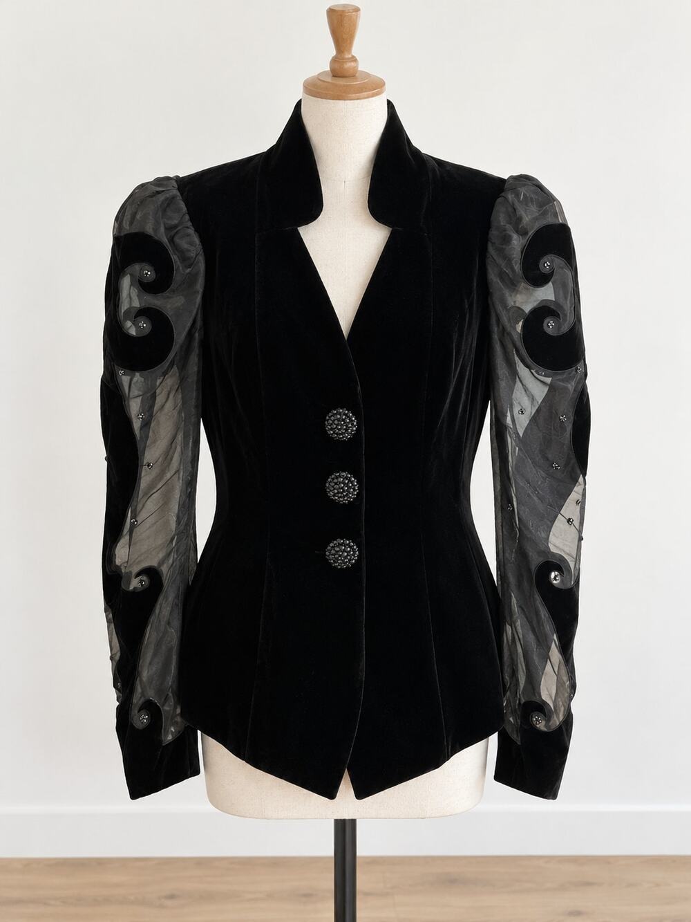 CACHÉ Karen Okada Velvet Jacket Sheer Puff Sleeve Avant Garde Goth Sz 10 Vintage
